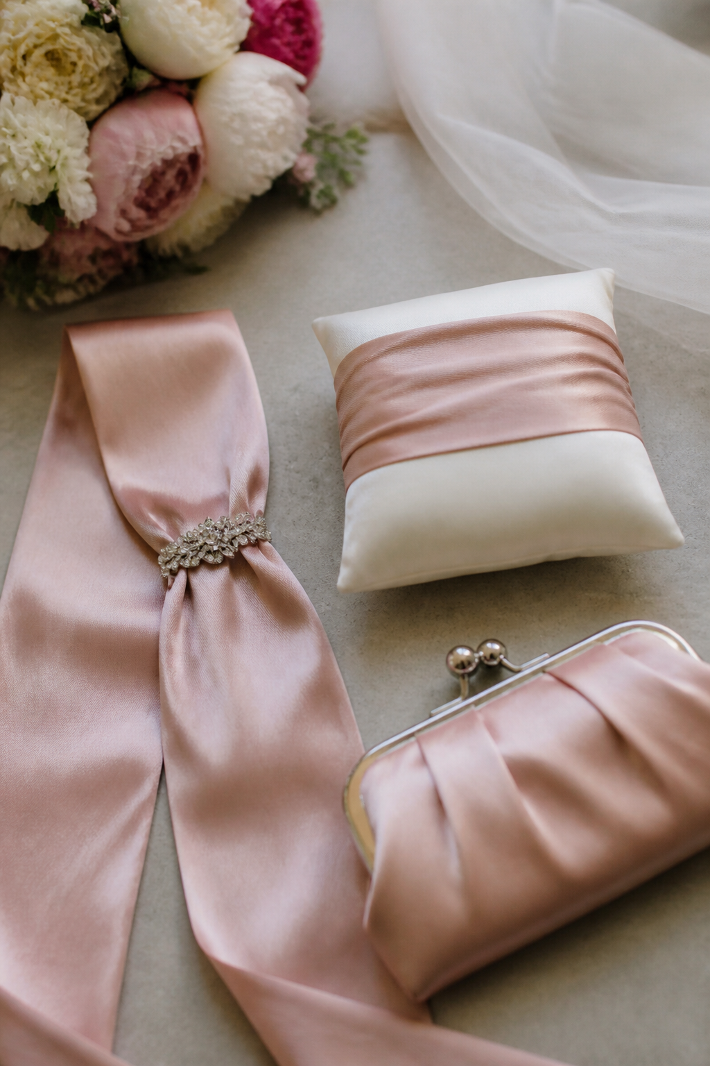 Ceinture large en satin, pochette assortie et coussin d'alliances posés côte à côte sur une table claire avec un ruban de dentelle