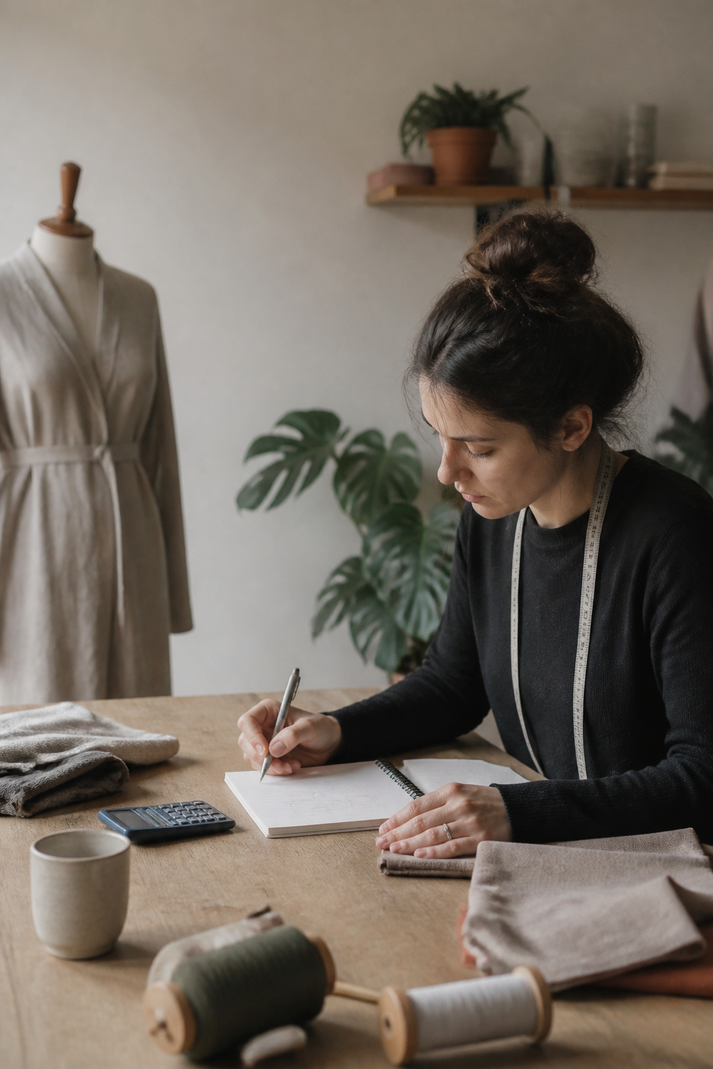 Coin d'atelier de couture avec une machine, un mannequin de tailleur, un carnet de commandes ouvert et une pile de vêtements pliés