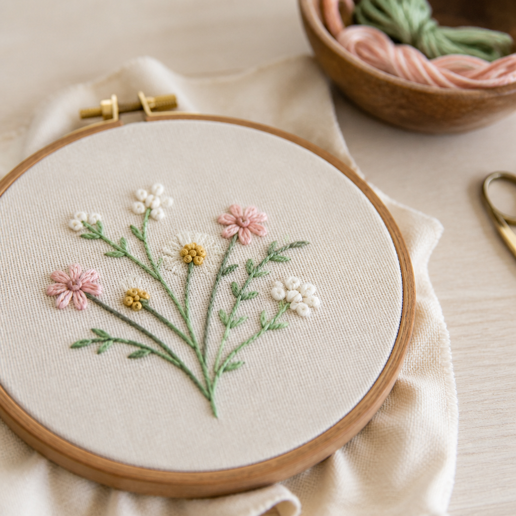 Tambour à broder en bois tenant une toile écrue sur laquelle un motif floral est brodé au point de tige et au point de bouclette