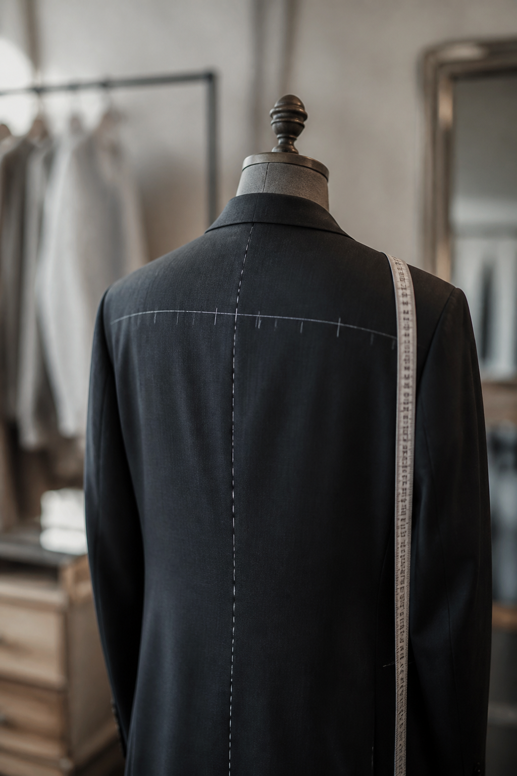Veste de costume sombre sur un mannequin de tailleur, un trait de craie marquant la reprise du dos et un mètre ruban posé sur l'épaule