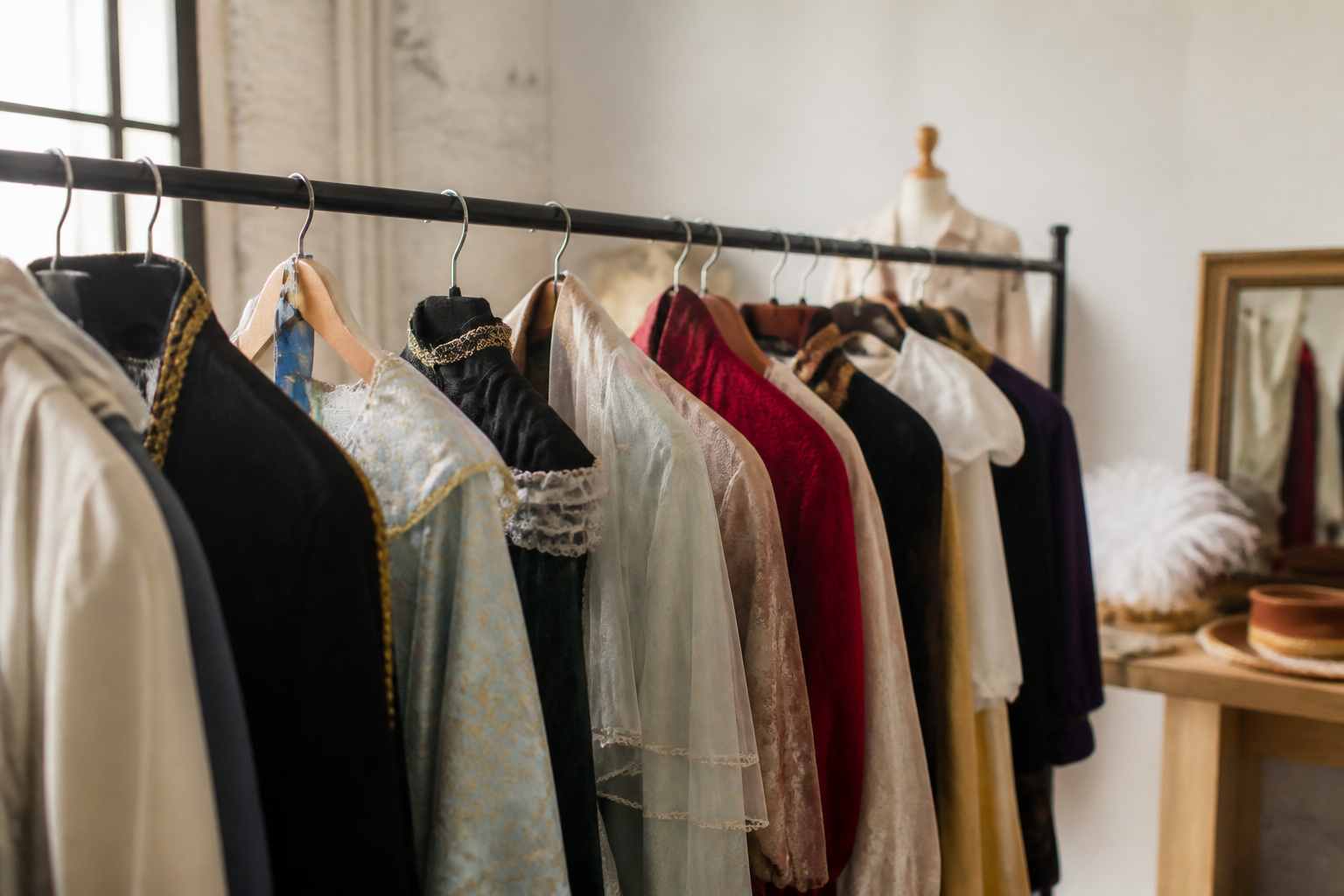 Portant d'atelier chargé de costumes de scène colorés, velours, capes et jupons suspendus les uns à côté des autres