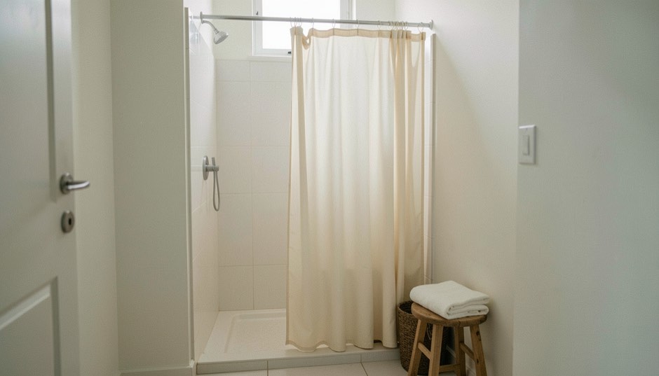 Salle de bain claire avec une douche de plain-pied, un rideau de coton écru accroché à une tringle et une serviette pliée sur un tabouret en bois