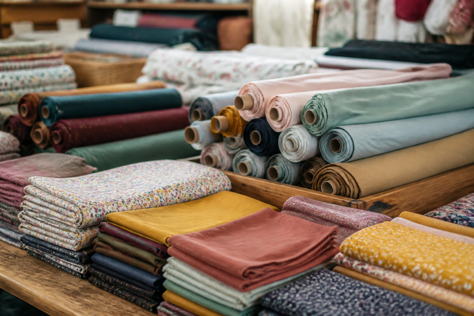 Étal de marché couvert de rouleaux de tissus et de coupons pliés de toutes couleurs, empilés sur une table en bois