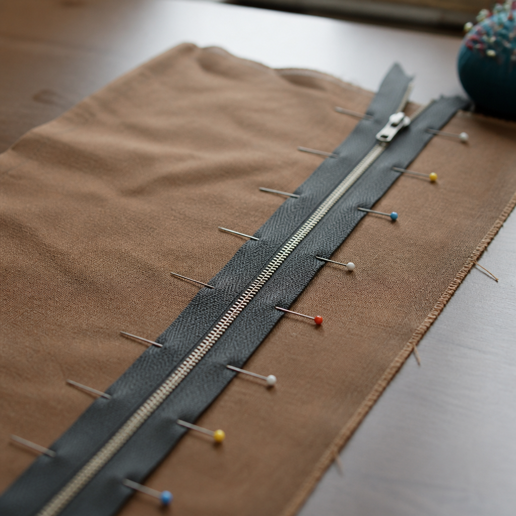 Fermeture à glissière maintenue par des épingles le long d'une ouverture de tissu, prête à être piquée le long du ruban