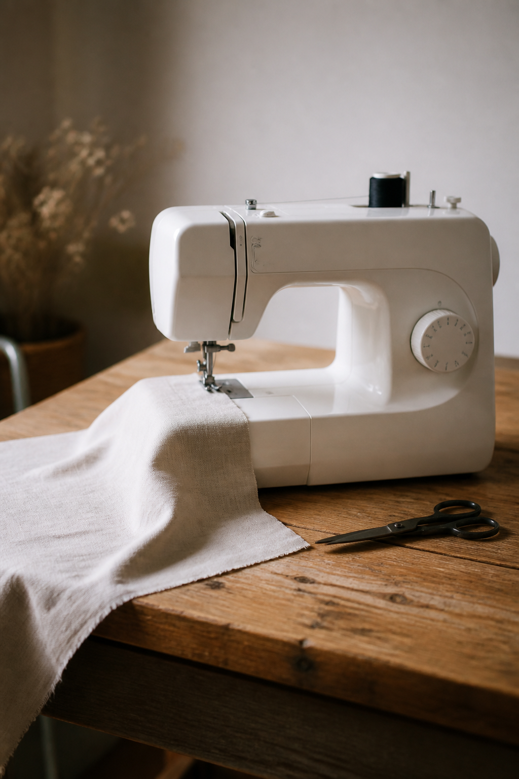 Machine à coudre mécanique posée sur une table en bois, un coupon de tissu engagé sous le pied presseur et une paire de ciseaux à côté