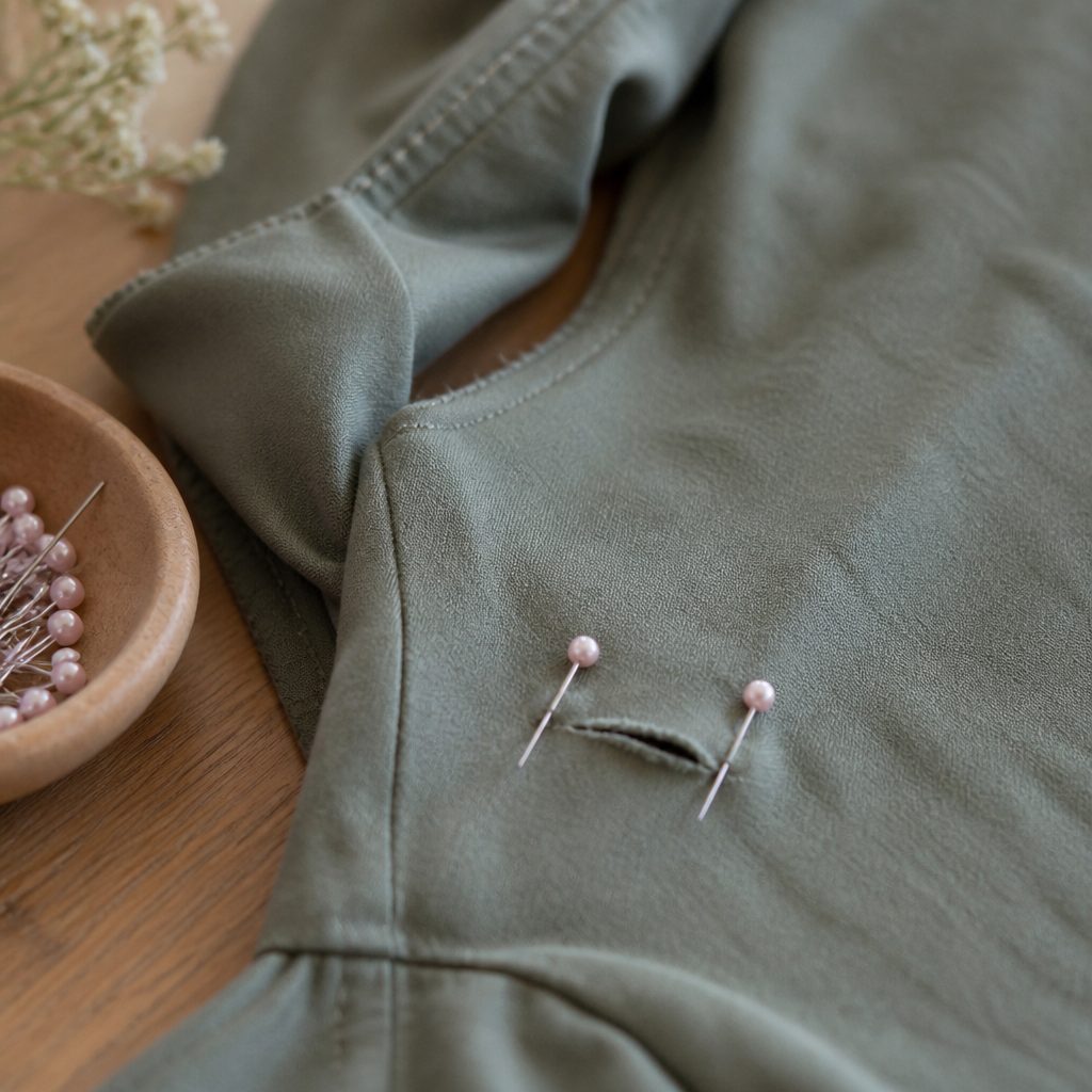 Une trousse de couture ouverte à côté d'un jean d'enfant retourné, un patch thermocollant en cours de pose sur le genou, lumière douce de fin d'après-midi sur une table en bois, cadrage en plongée rapprochée.