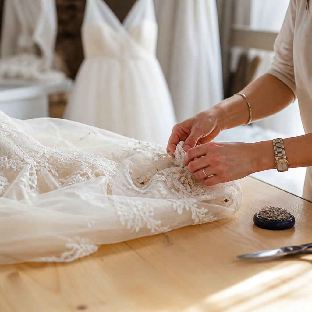 Bas d'une robe de mariée épinglé pour un ourlet, plusieurs couches de tulle et de doublure maintenues ensemble par des épingles