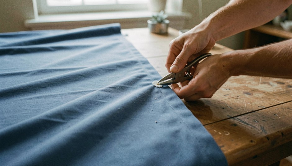 Mains qui fixent un œillet métallique avec une pince sur le bord supérieur d'un grand rideau de tissu bleu étalé sur une table en bois