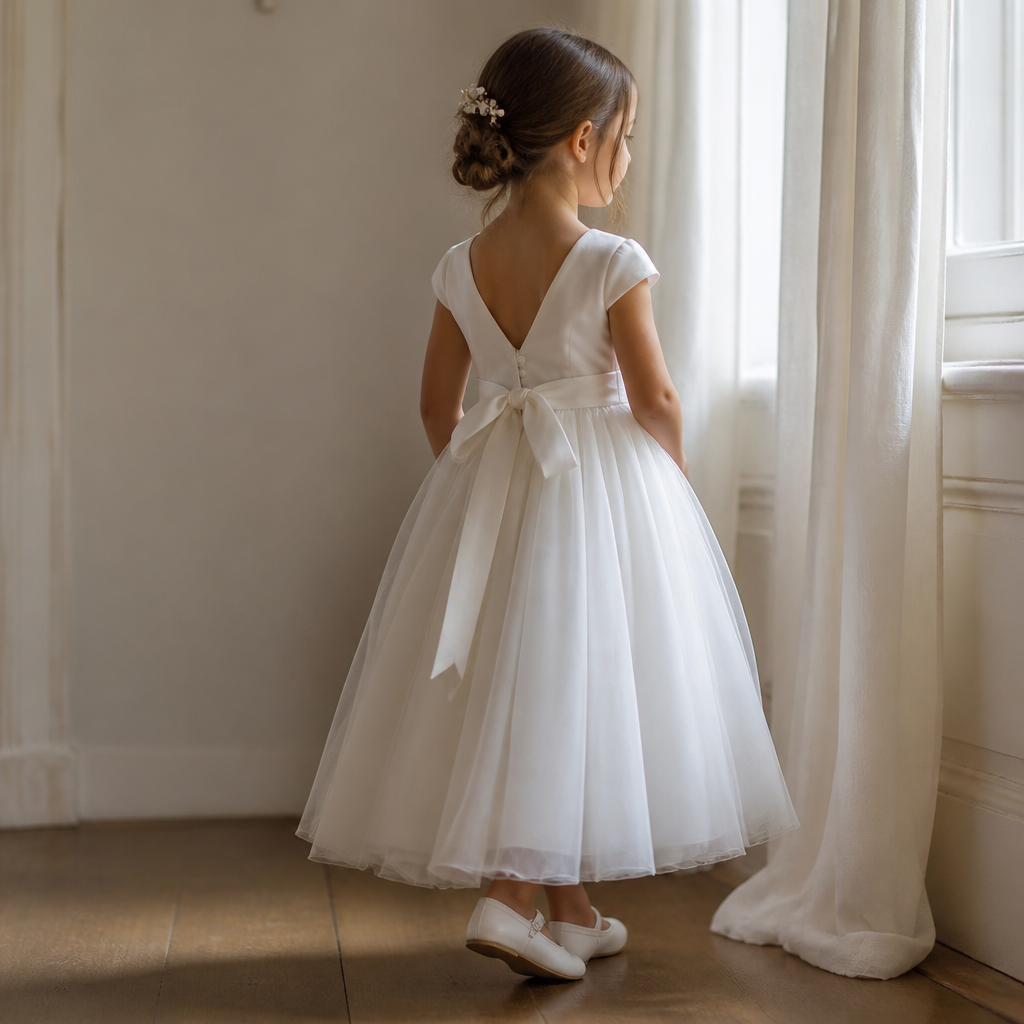Robe de cérémonie d'enfant en satin ivoire suspendue à un petit cintre, doublure en coton visible et ruban de taille dénoué