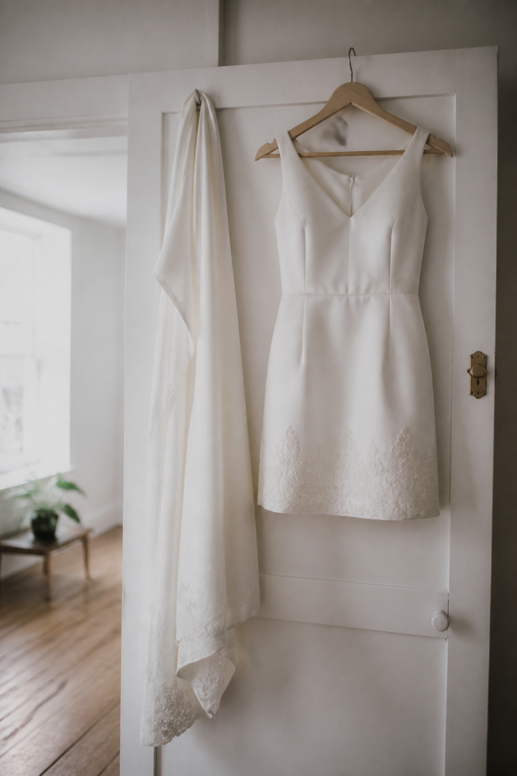 Robe blanche raccourcie au-dessus du genou, suspendue à un cintre à côté de la chute de tissu retirée du bas