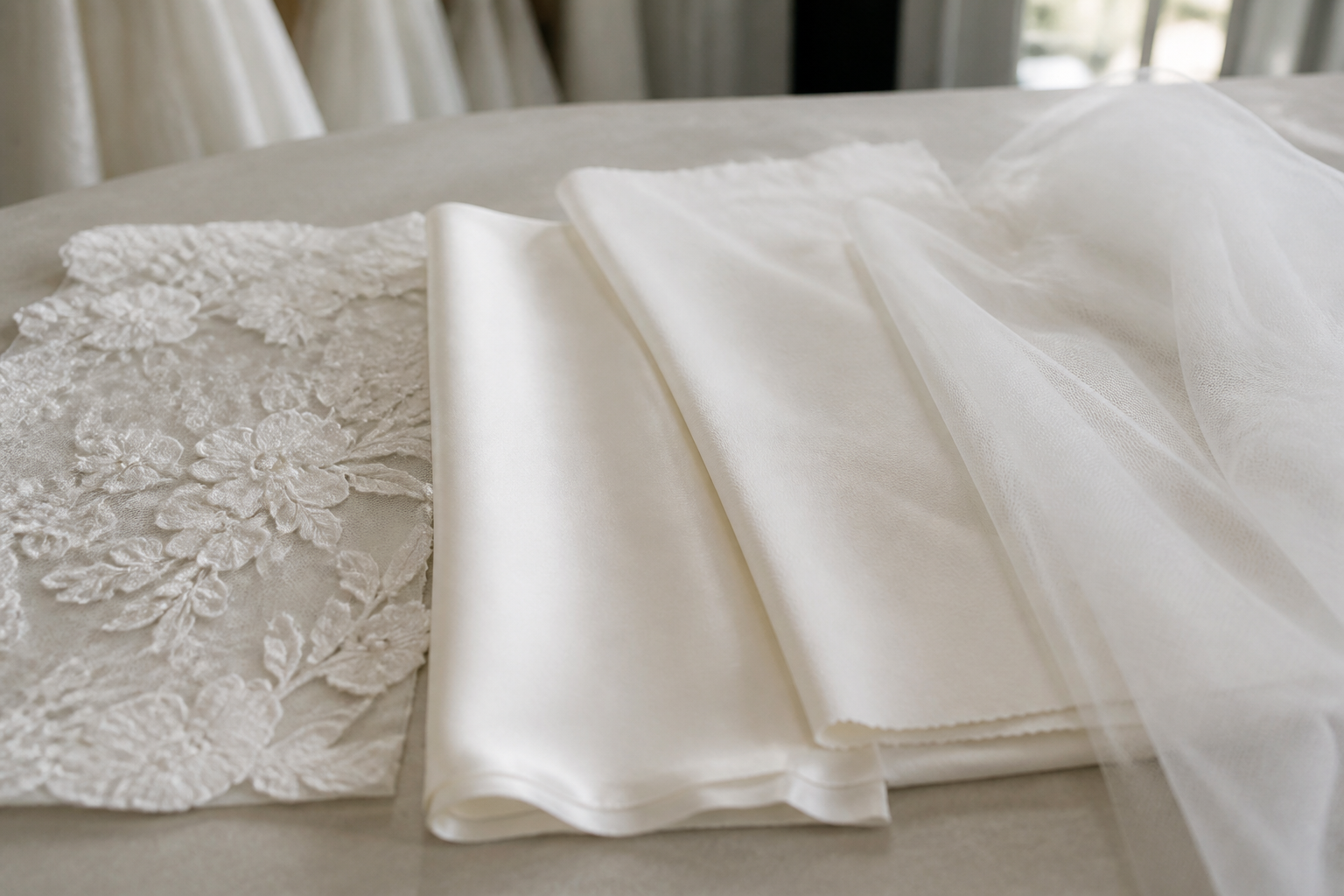 Échantillons de tissus de robe de mariée posés côte à côte, dentelle, satin duchesse, crêpe et tulle, sur une table claire
