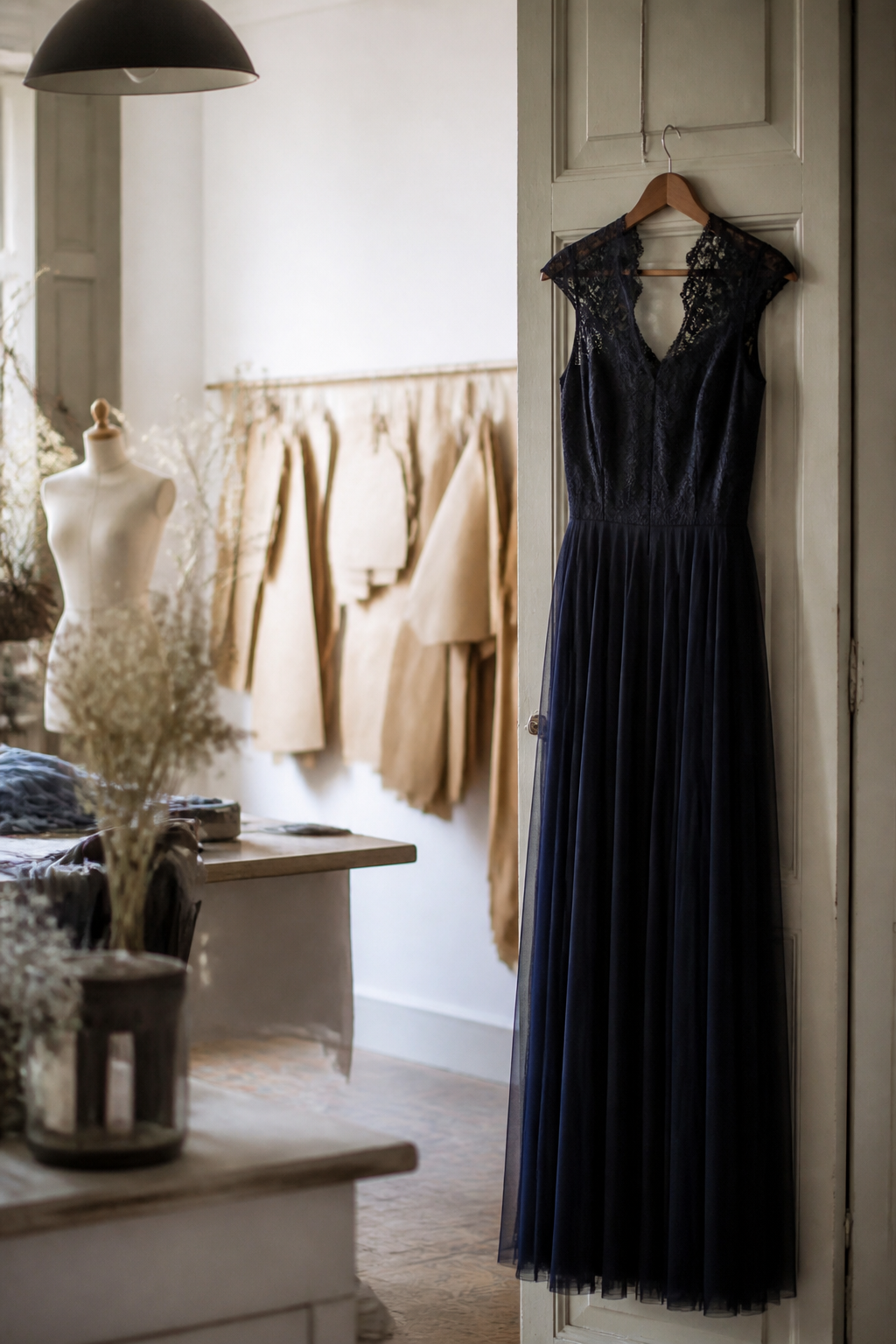 Robe longue sombre suspendue près d'une fenêtre, la lumière rasante révélant le tombé du crêpe et la ligne des coutures