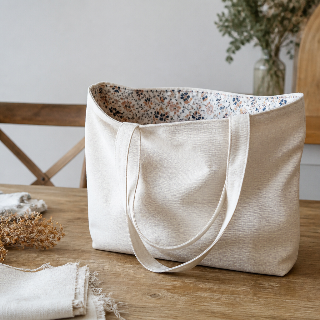 Sac en toile écrue posé debout sur une table, doublure à motifs visible à l'intérieur et anses renforcées par des surpiqûres en croix