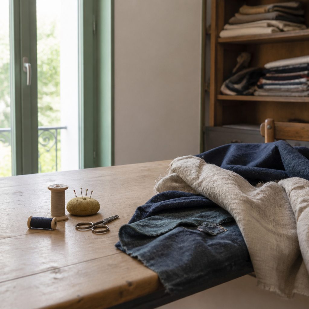 Table de couture près d'une fenêtre&nbsp;: tissu épinglé, ciseaux, bobines de fil et mètre ruban posés à portée de main